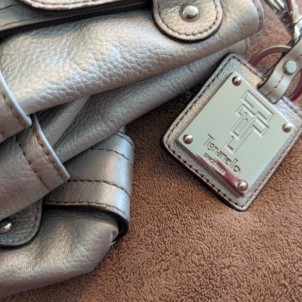 Tignanello Silver Metallic Italian Leather Handbag Shoulder Bag Like New Cond - Picture 6 of 9
